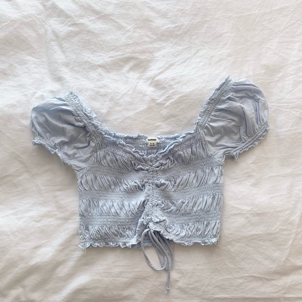Garage baby blue ruched babydoll crop top